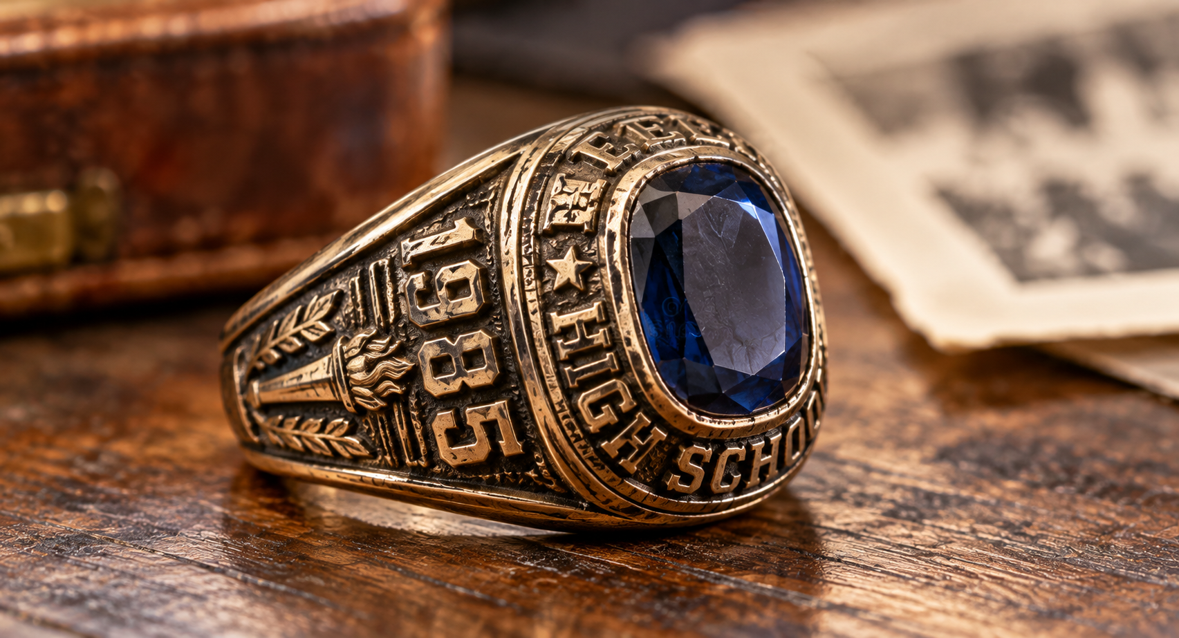 Vintage gold class ring with a blue stone